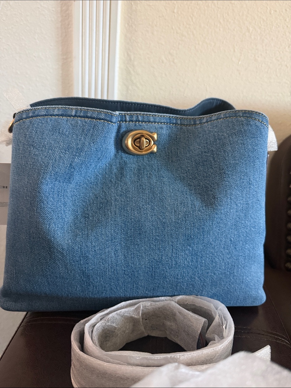 Coach Denim Shoulder Bag with Gold-Tone Turn lock